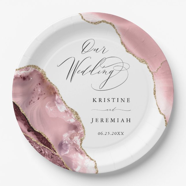 Rose Gold Glitter Black Script Luxury Wedding Paper Plates (Front)