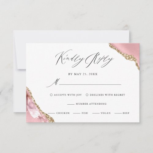 Rose Gold Glitter Black Script Luxury Wedding RSVP Card