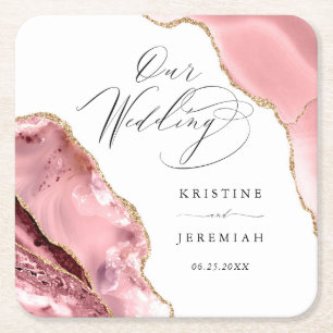 Rose Gold Glitter Black Script Luxury Wedding Squa Square Paper Coaster
