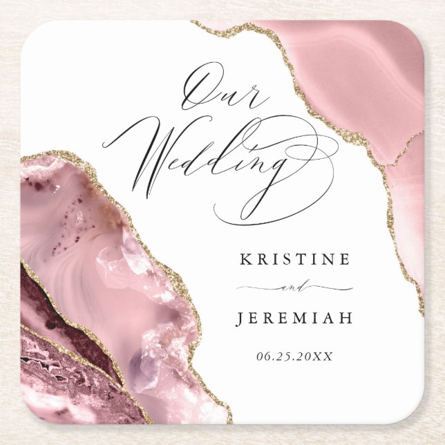 Rose Gold Glitter Black Script Luxury Wedding Squa Square Paper Coaster (Front)
