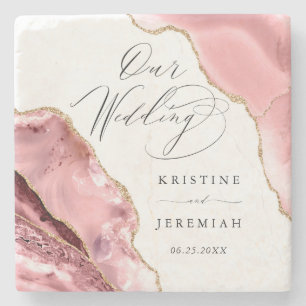 Rose Gold Glitter Black Script Luxury Wedding Stone Coaster