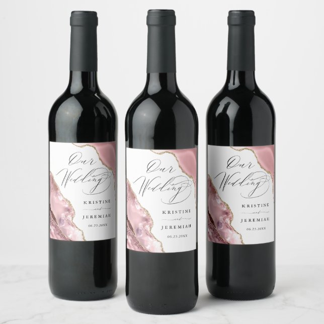 Rose Gold Glitter Black Script Luxury Wedding Wine Label (Bottles)