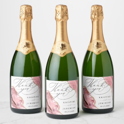 Rose Gold Glitter Black Script Wedding Thank You Sparkling Wine Label