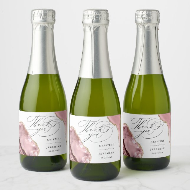 Rose Gold Glitter Black Script Wedding Thank You Sparkling Wine Label (Bottles)