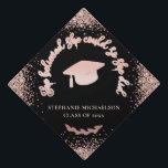 Rose Gold Glitter Black She Believed She Could Graduation Cap Topper<br><div class="desc">This personalized graduation cap topper features text image "She believed she could so she did" in rose gold and surrounded by rose gold glitter on a black background. Add your name and graduating class to personalize. Background color can be easily changed by clicking "Personalize", "Edit using Design Tool", and Background...</div>
