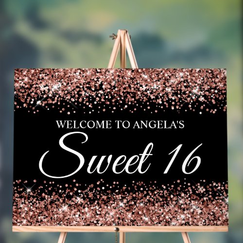 Rose Gold Glitter Black Sweet 16 Acrylic Sign