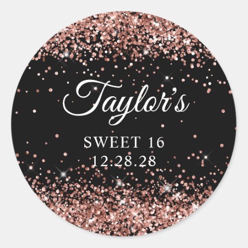 Rose Gold Glitter Black Sweet 16 Classic Round Sticker