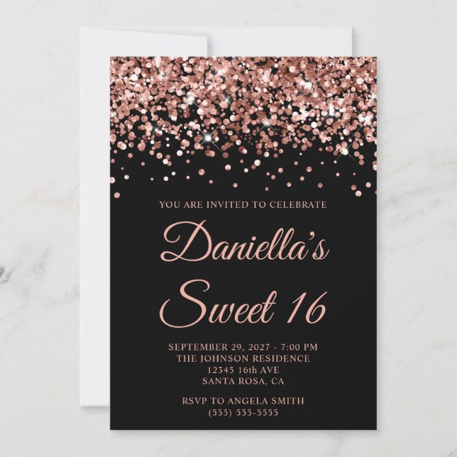 Rose Gold Glitter Black Sweet 16 Invitation (Front)