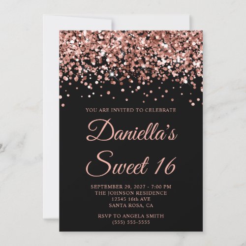 Rose Gold Glitter Black Sweet 16 Invitation