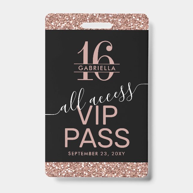 Rose Gold Glitter Black Sweet 16 Invitation VIP Badge (Front)
