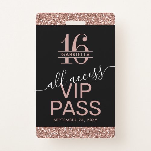 Rose Gold Glitter Black Sweet 16 Invitation VIP Badge