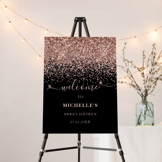 Rose Gold Glitter Black Sweet 16 Name Welcome Foam Board (In Situ (Stand))