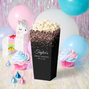 Rose Gold Glitter Black Sweet Sixteen Favor Boxes