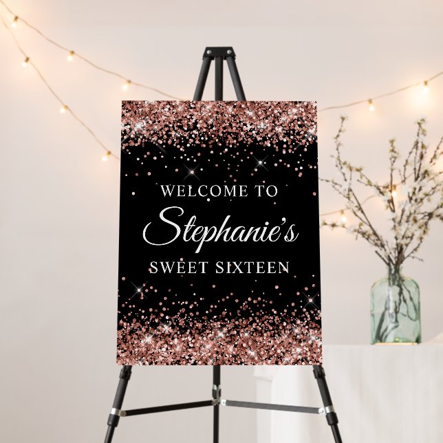 Rose Gold Glitter Black Sweet Sixteen Welcome Foam Board (In Situ (Stand))