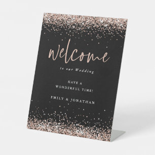 Rose Gold Glitter Black Welcome to Wedding Pedestal Sign