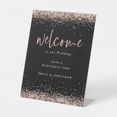 Rose Gold Glitter Black Welcome to Wedding Pedestal Sign