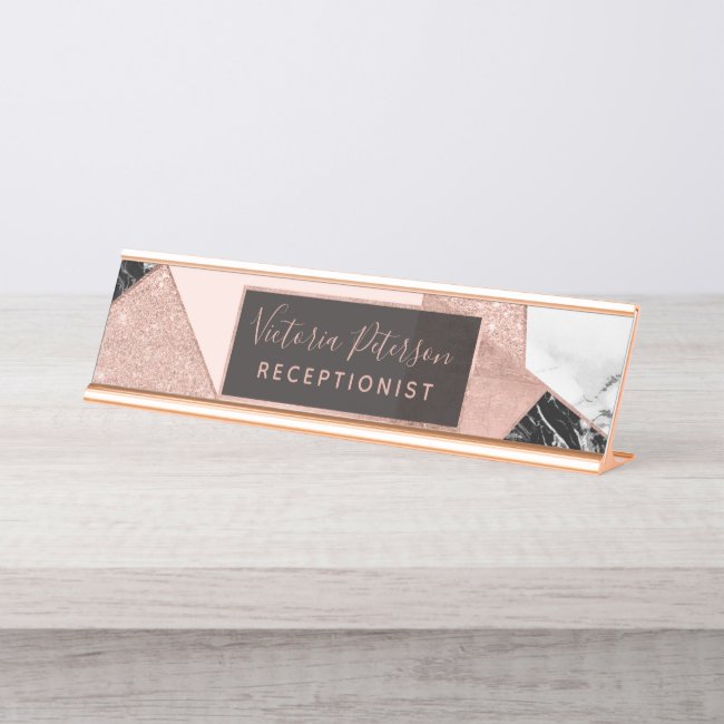 Rose gold glitter black white marble geometric desk name plate