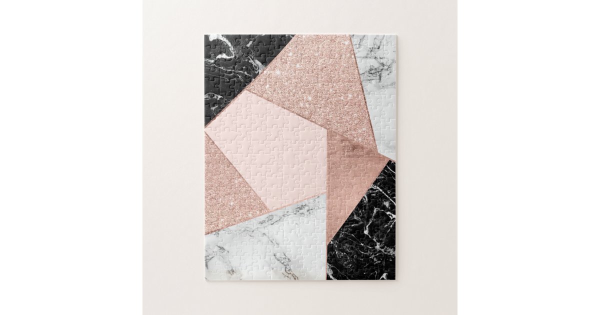 Rose gold glitter black white marble geometric jigsaw puzzle | Zazzle