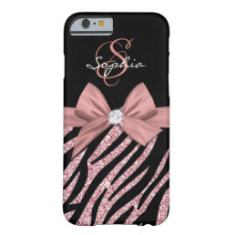 Rose Gold Glitter Black Zebra Stripes Bow Monogram Barely There iPhone 6 Case