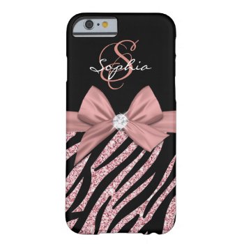 Rose Gold Glitter Black Zebra Stripes Bow Monogram Barely There Iphone 6 Case by storechichi at Zazzle
