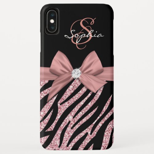 Rose Gold Glitter Black Zebra Stripes Bow Monogram iPhone XS Max Case