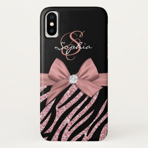 Rose Gold Glitter Black Zebra Stripes Bow Monogram iPhone X Case