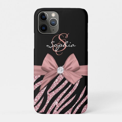 Rose Gold Glitter Black Zebra Stripes Bow Monogram iPhone 11 Pro Case