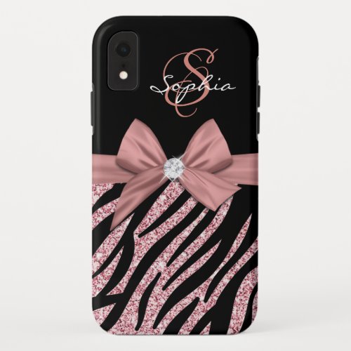 Rose Gold Glitter Black Zebra Stripes Bow Monogram iPhone XR Case