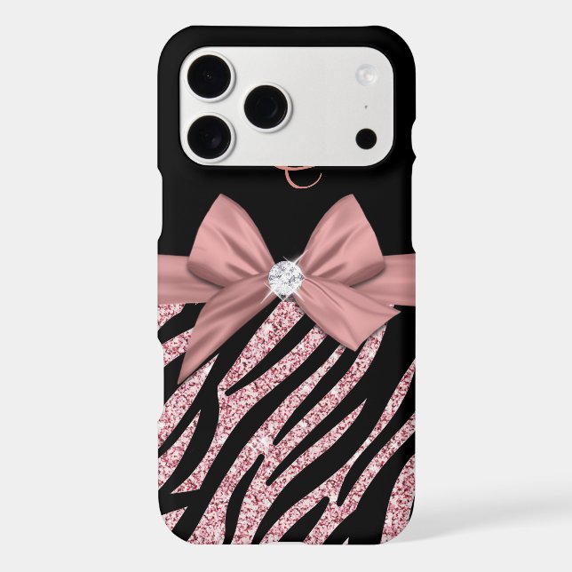 Rose Gold Glitter Black Zebra Stripes Bow Monogram Iphone Case (Back)