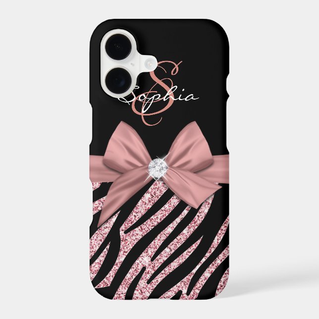 Rose Gold Glitter Black Zebra Stripes Bow Monogram Iphone Case (Back)