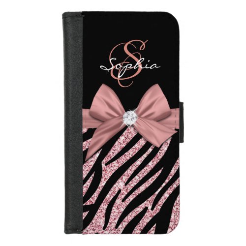 Rose Gold Glitter Black Zebra Stripes Bow Monogram iPhone 87 Wallet Case