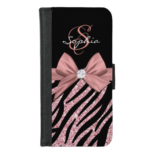 Rose Gold Glitter Black Zebra Stripes Bow Monogram iPhone Wallet Case (Front)