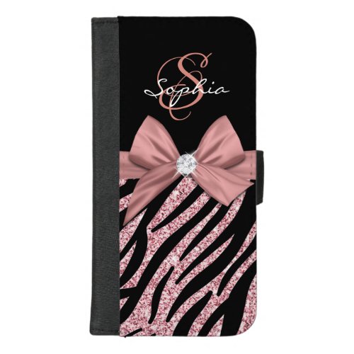 Rose Gold Glitter Black Zebra Stripes Bow Monogram iPhone 87 Plus Wallet Case