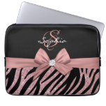 Rose Gold Glitter Black Zebra Stripes Bow Monogram Laptop Sleeve at Zazzle