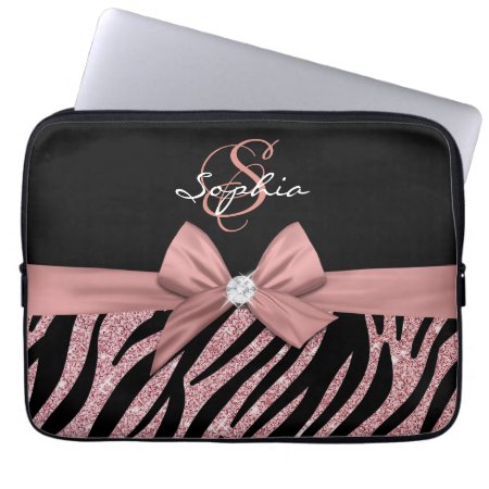 Rose Gold Glitter Black Zebra Stripes Bow Monogram Laptop Sleeve