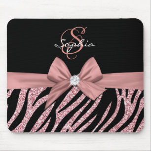 Rose Gold Glitter Black Zebra Stripes Bow Monogram Mouse Pad