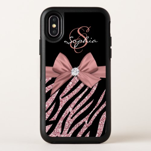 Rose Gold Glitter Black Zebra Stripes Bow Monogram OtterBox Symmetry iPhone XS Case