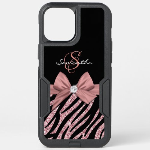 Rose Gold Glitter Black Zebra Stripes Bow Monogram OtterBox Commuter iPhone 12 Pro Max Case