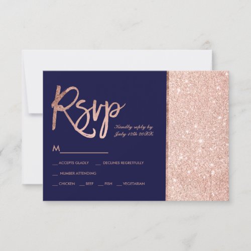 Rose gold glitter block navy blue rsvp wedding