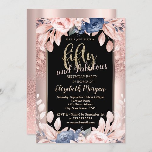 Rose Gold Glitter Blue Flowers 50th Birthday Party Invitation