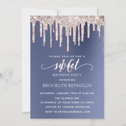 Rose Gold Glitter Blue Foil Sweet 16 Birthday Invitation