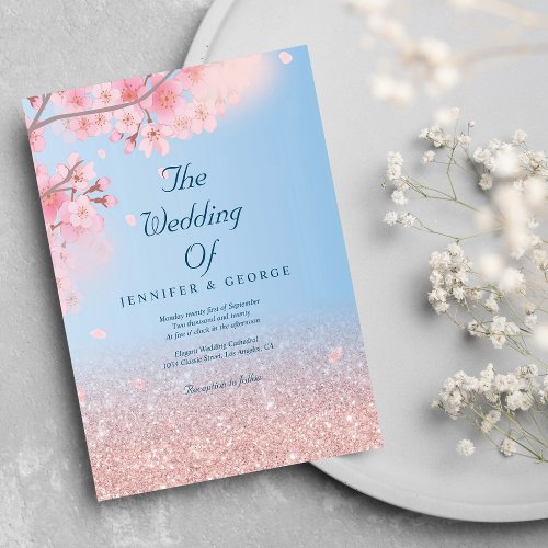 Rose gold glitter blue ombre pink floral wedding invitation