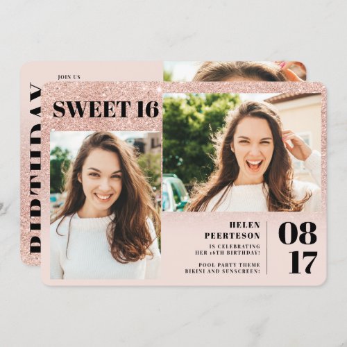 Rose gold glitter blush 3 photos Sweet 16 birthday Invitation - Modern simple minimalist modern 3 photos Sweet 16 birthday party with faux rose gold glitter ombre gradient sparkles on pastel blush pink. Add your photos,  with a simple bold script.