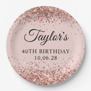 Rose Gold Glitter Blush 40th Birthday Paper Plates