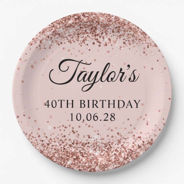 Rose Gold Glitter Blush 40th Birthday Paper Plates (Front)