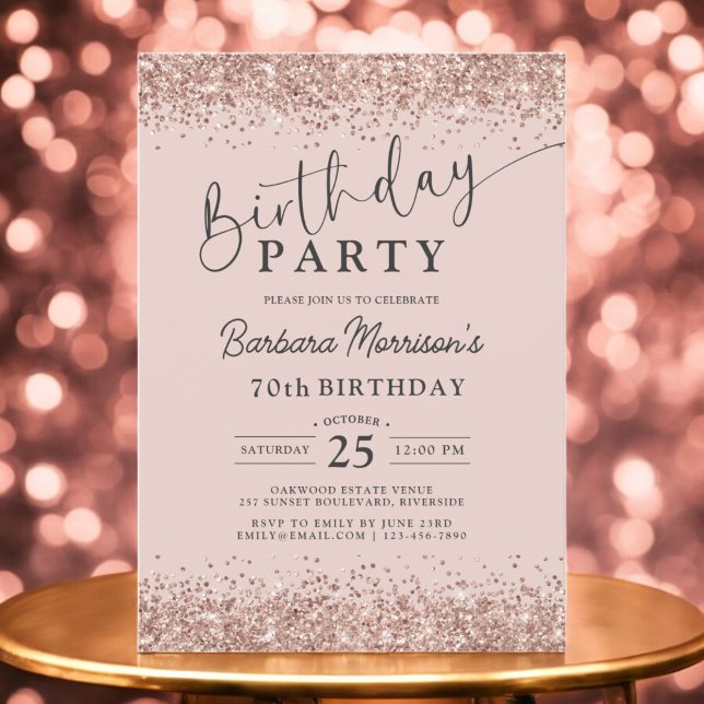 Rose Gold Glitter Blush 70th Any Age Birthday Invitation (Creator Uploaded)