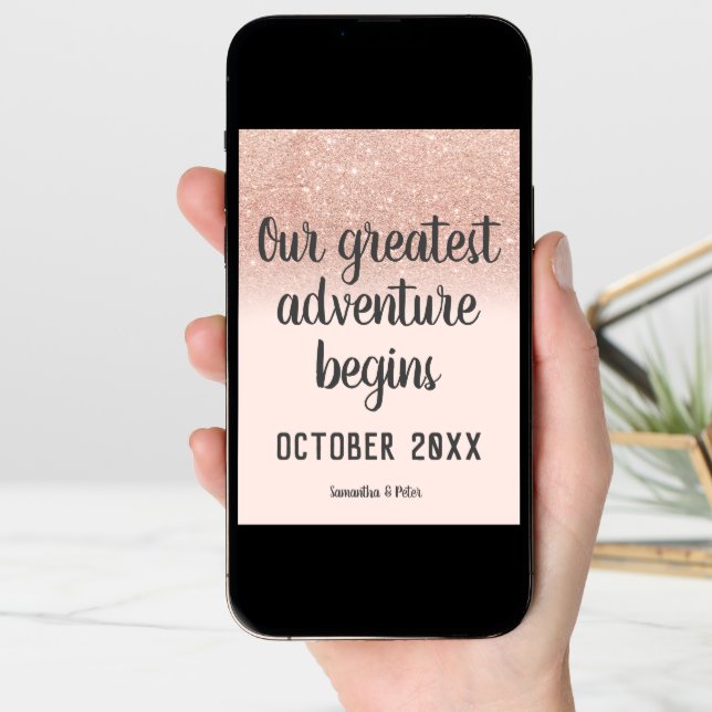 Rose gold glitter blush adventure photo pregnancy announcement (Front Digital)