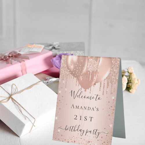 Rose gold glitter blush birthday party welcome table tent sign