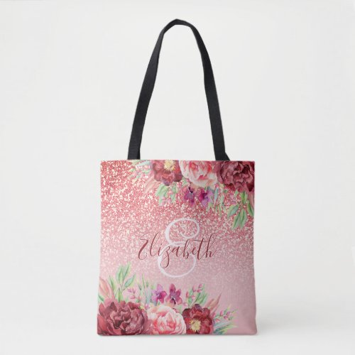 Rose Gold Glitter Blush Burgundy Floral Monogram Tote Bag