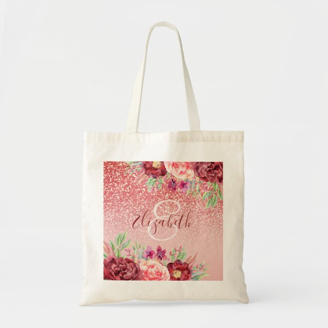 Rose Gold Glitter Blush Burgundy Floral Monogram Tote Bag (Front)